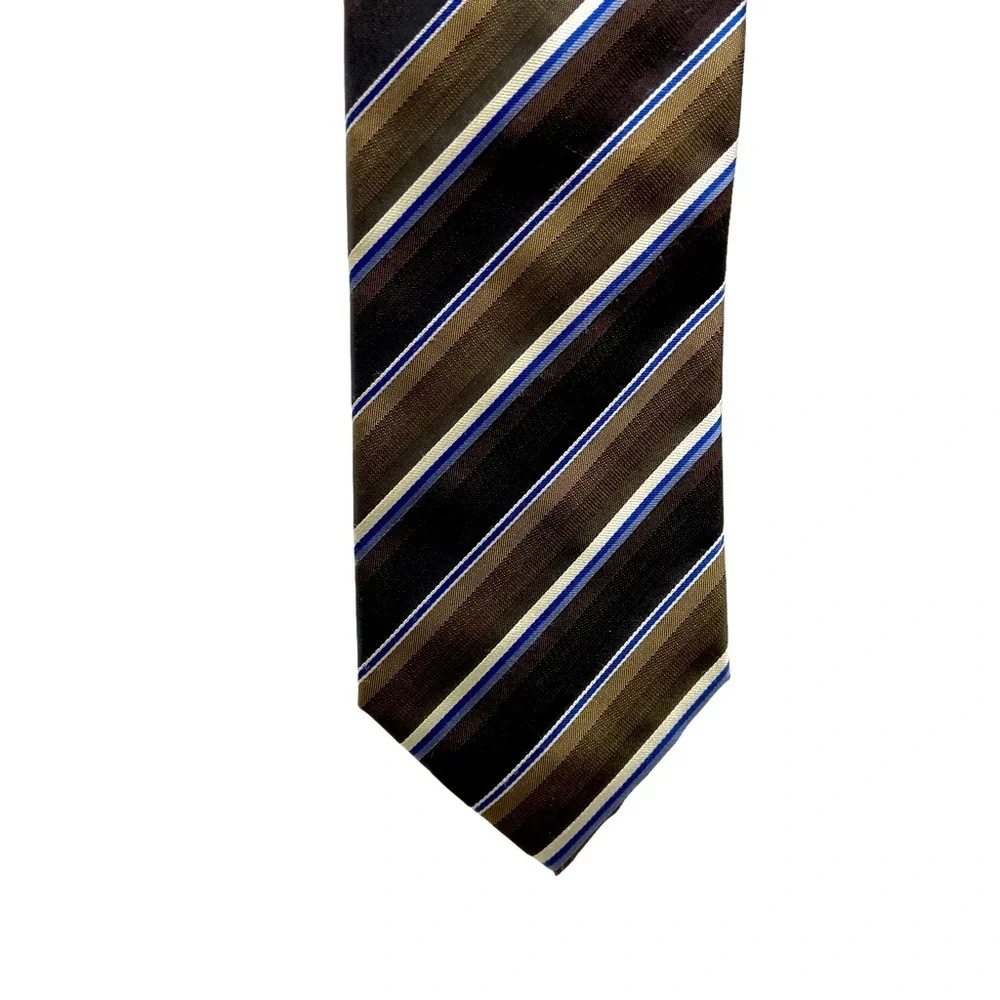 John Ashford Necktie. Dark Brown, Blue With White Stripes